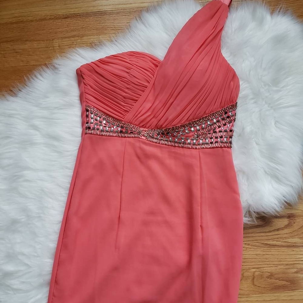 One shoulder embellished coral dress